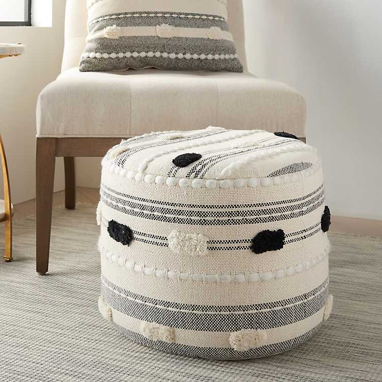 Ivory Tufted Spots Woven Asymmetrical Pouf