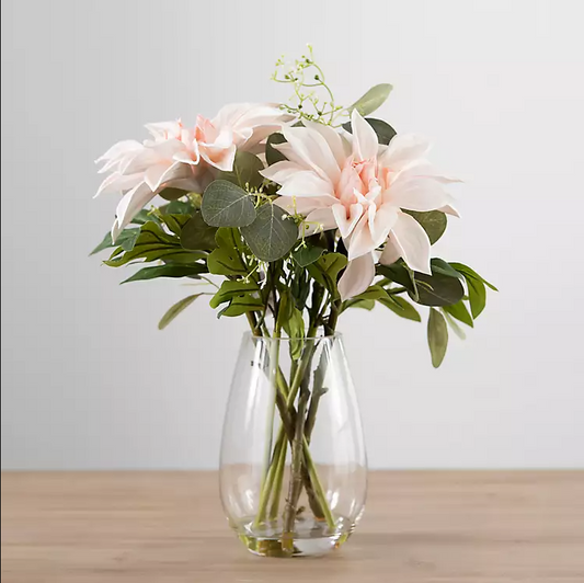 Blushing Dahlia Bouquet in Glass Vase